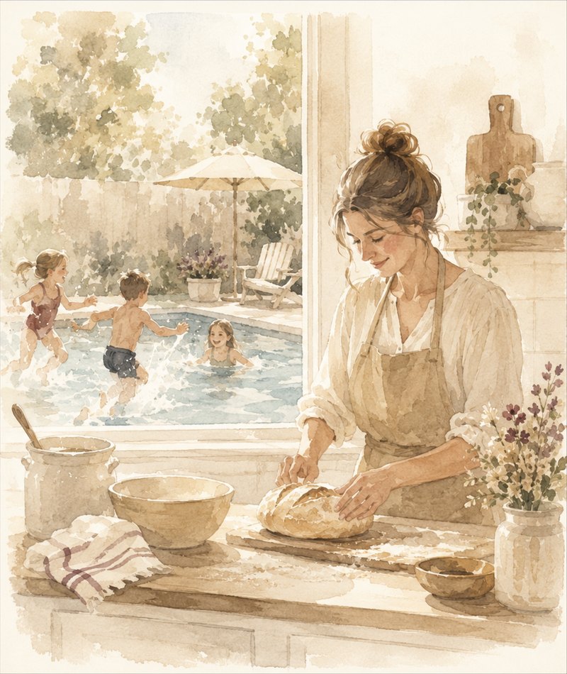 Watercolor illustration of a woman shaping a loaf of bread at a sunlit kitchen counter, with children playing in a pool through the window behind her