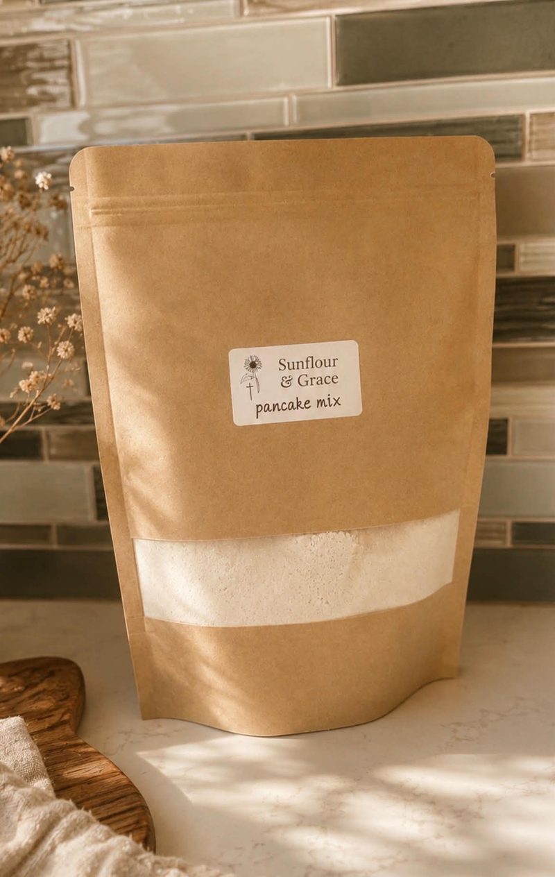 Kraft paper pouch of Sunflour & Grace sourdough pancake mix on a kitchen counter, the mix visible through a window in the front of the bag