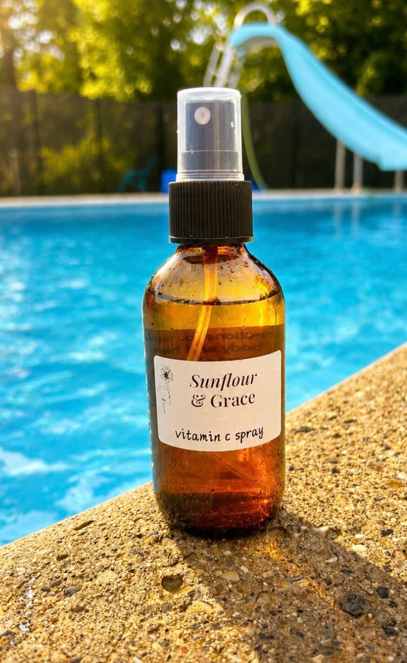 Amber glass spray bottle of Sunflour & Grace vitamin C spray, sitting on the edge of a pool